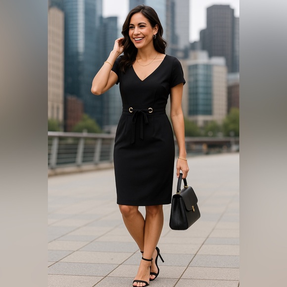 Donna Morgano Black V-Neck Sheath Dress Size 8 Gold Grommet Waist Tie - Picture 3 of 12